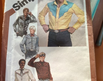 Simplicity 9886 Men's Fancy Yoke Country Western Rodeo Button-up Shirt Vintage Sewing Pattern 1980s 80s Size 46 UNCUT