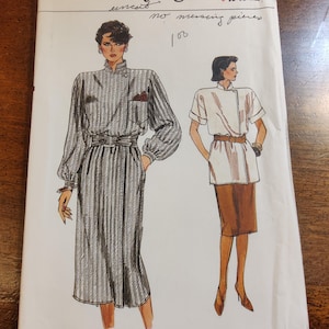 Vogue 9335 Boxy Coat Wrap Dress or Tunic Top & Straight Skirt, Wide Shoulders Vintage Sewing Pattern 1980s 80s Size 8 10 12 UNCUT