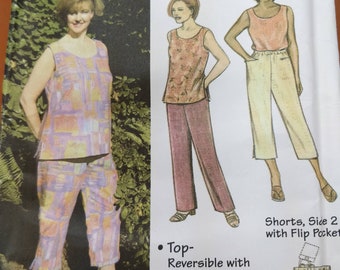 Loose Summer Sleeveless Tank Top and Pants Capri Travel Shorts Saf-T-Pockets Designer Sewing Pattern 2003 XS Small Med Lg XL 2x 3x UNCUT