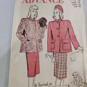 May include: Vintage sewing pattern for a women's jacket and skirt. The pattern is for size 14 with a bust measurement of 32 inches and a hip measurement of 35 inches. The jacket is pink and has a button-up front. The skirt is plaid and has a straight silhouette.