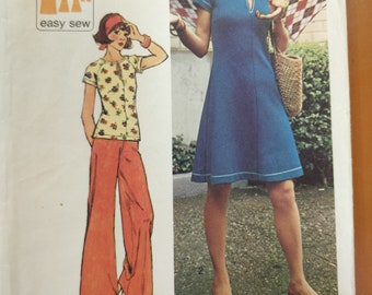 Simplicity 6027 Knit Top T-Shirt Shirt Wide Leg Pants Summer Dress Easy to Sew Vintage Jiffy Fashion Sewing Pattern 1970s 70s Size 12 UNCUT