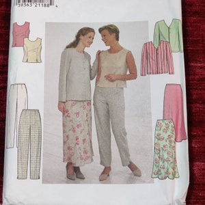 May include: A sewing pattern featuring a variety of clothing options, including a jacket, a sleeveless top, a skirt, and pants. The pattern includes floral and striped designs in pink, green, and white.