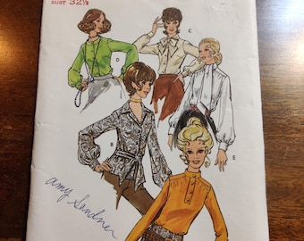 Butterick 5871 Long Sleeve Button Up Blouse Shirt with Jabot or Neck Bow Tie Neckline Vintage Fashion Sewing Pattern 1970s 70s Size 10
