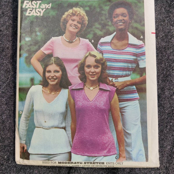 Butterick 4614 Pullover Knit Top T-Shirt with Various Necklines Including Collar Vintage Fashion Sewing Pattern 1970s 70s Size 14 UNCUT