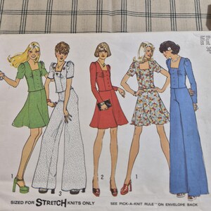 May include: Vintage sewing pattern featuring illustrations of five different outfits. The designs include a green dress, a white jumpsuit, a red dress, a floral print dress, and a blue jumpsuit. The pattern is sized for stretch knits and has a bust measurement of 34 inches.