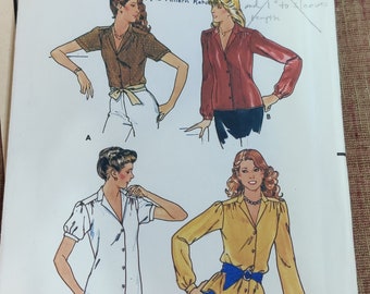 Butterick 6696 Simple Button-Up Blouse with Long or Short Sleeves Vintage Fashion Sewing Pattern 1980s 80s Size 14