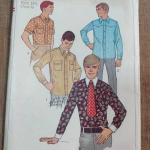 Simplicity 6955 Men&#39;s Casual Shirt with Wide Pointed Collar, Tailored or Western Yoke Vintage Fashion Sewing Pattern Size 40 15 1/2 Neck