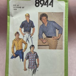 May include: Vintage Simplicity pattern 8944 for men's shirts, size 42, neckband 16 inches (40.6 cm). The envelope shows shirt styles in blue floral, yellow, and plaid designs. The pattern includes the text "Simplicity" and "Men".