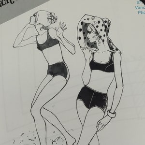 May include: Black and white line drawing of two women wearing bathing suits. One woman is wearing a polka dot hat and the other is wearing a swim cap.