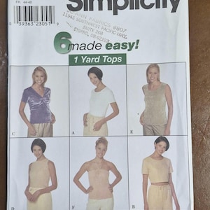 May include: Simplicity sewing pattern featuring six top designs. The pattern includes sizes U 16, 18, and 20, with EUR sizes 42-46 and FR sizes 44-48. The package has the text "6 made easy!" and "1 Yard Tops".