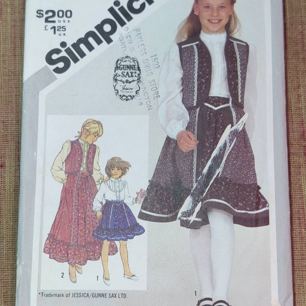 Simplicity 5162 Child's Gunne Sax Skirt in Two Lengths Blouse/Shirt & Vest Prairie Style Designer Vintage Fashion Sewing Pattern Size 10