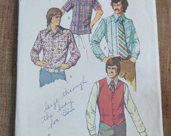 Simplicity 5047 Men's Dress or Casual Shirt with Wide Collar Vest Waistcoat 1970s 70s Vintage Fashion Sewing Pattern Size Large 44"