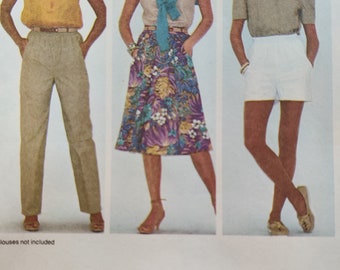 McCall's 7493 Summer Pull-On Skirt Pleated Front Pants and Shorts Learn to Sew Vintage Fashion Sewing Pattern 1980s 80s Size 8 UNCUT