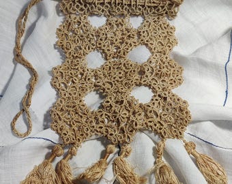 Antique Tatted Reticule, Drawstring Purse - Handmade of Tatted Lace with Tassels, Crocheted Cord Closure Late 1800s Victorian/Civil War Era