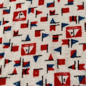 Vintage 1960s Cotton Terrycloth - Toweling in Red White & Blue Nautical Boating Flag Print - Remnant 60&quot; x 19&quot; and 18&quot; x 16&quot; in One Piece