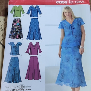 May include: A sewing pattern for a skirt and top set. The pattern includes five different skirt styles and three different top styles. The pattern is for sizes 12-18. The pattern is from Simplicity.
