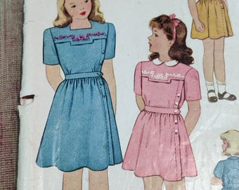 McCall's 1073 Childs' Short Sleeve Dress w/Short Skirt & Square Yoke Vintage Children's Fashion Sewing Pattern 1940s 40s Size 12 WWII