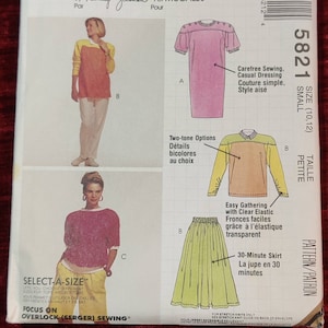 May include: A vintage sewing pattern featuring illustrations of women's tops and a skirt. The pattern includes options for two-tone designs and a 30-minute skirt. The size is small (10,12).