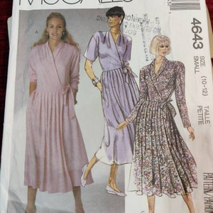 McCall&#39;s 4643 Easy to Wear Dress with Faux Wrap and Pleated Skirt Skirt Vintage Fashion Sewing Pattern 1980s 80s Size 10 12 UNCUT