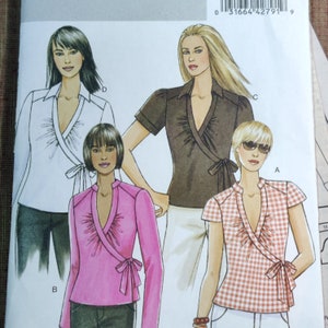 Butterick B5328 Modern Wrap Shirt/Top with Sleeve Variations, Deep Neckline Fashion Sewing Pattern 2000s Size FF (16 18 20 22) UNCUT