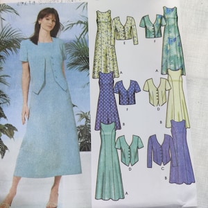 May include: A sewing pattern for a dress with a variety of styles. The pattern includes a sleeveless dress, a dress with short sleeves, and a dress with long sleeves. The pattern also includes a jacket with a variety of styles. The pattern is for sizes 6-14.