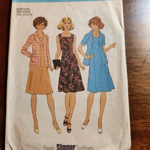 Simplicity 7387 Sleeveless Jumper Dress w/Matching Jacket A-Line Skirt Square Neckline Vintage Fashion Sewing Pattern 1970s 70s Size 18 20