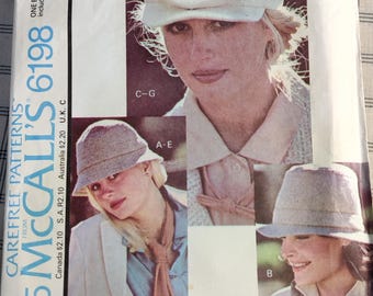 McCall's 5198 - Sombreros y corbatas: gorra de golf o de vendedor de periódicos, estilo cubo, fedora con ala, patrón de costura de moda vintage de lana, década de 1970, talla 21-22 1/2"
