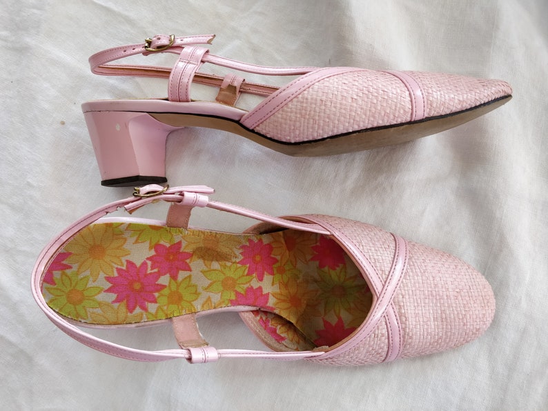 1960s Pink Slingback Sandals Woven Strappy Heeled 60s Shoes Size 9