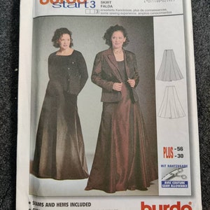 Op de afbeelding: Een Burda Start 3 naaipatroon voor een rockrok, met afbeeldingen van de rok op twee vrouwen. Het patroon bevat maten 18-30 en plusmaten 56-30. De verpakking heeft tekst in het Engels, Frans en Spaans.