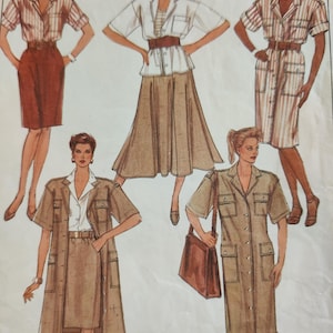 May include: Vintage sewing pattern featuring illustrations of women's outfits. The designs include a skirt suit, a dress, and a skirt and shirt combination. The color palette is neutral, with shades of brown, white, and red.