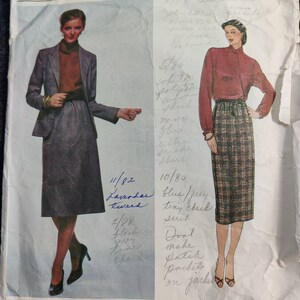 May include: Vintage sewing pattern featuring two women's fashion designs. One design is a lavender tweed suit with a blazer and skirt. The other is a red blouse with a plaid skirt. Handwritten notes are visible.