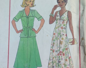Simplicity 7974 Sleeveless Dress with A-Line Skirt and Short Sleeve Jacket Vintage Fashion Sewing Pattern 1970s 70s Size C (10 12) UNCUT