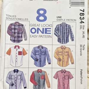 May include: A McCall's 7834 sewing pattern envelope for size XXL (46, 48) featuring illustrations of eight different shirt designs. The shirts include various long and short-sleeve styles with button-front closures, collars, and chest pockets in plaid, solid, and striped patterns.