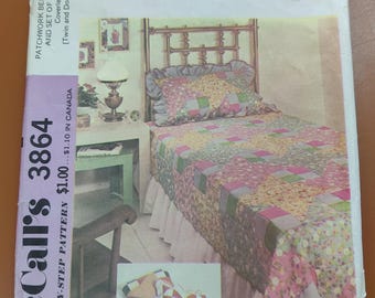 McCall 3864 1970s Bed Covers Bedspread Quilt Ruffled Pillow Sham Vintage Home Decor Sewing Pattern 70s Size Twin Full Double UNCUT