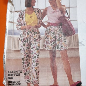 May include: Image of a sewing pattern featuring two outfits. One outfit includes floral print pants, a yellow top, and a matching jacket. The other outfit features a floral print skirt and a pink top. The text "LEARN TO SEW FOR FUN" is visible.