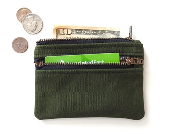 Canvas Wallet Slim Zipper Pouch Dark Green Coin Purse