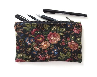 Black Floral Pencil Case, Medium Zipper Pouch, Vintage Canvas Fabric