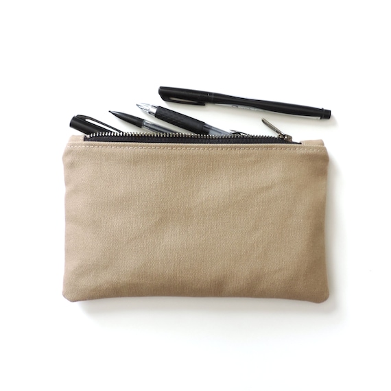Beige Canvas Pencil Case, Medium Zipper Pouch 