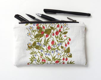 Estuche para lápices con diseño de fresa, estuche mediano con cremallera, tela de lino vintage.
