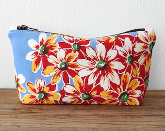 Red Floral Cosmetic Bag, Toiletry Pouch, Vintage Fabric