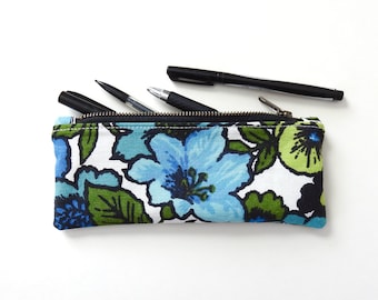 Blue Floral Pencil Case, Zipper Pouch, Vintage Fabric