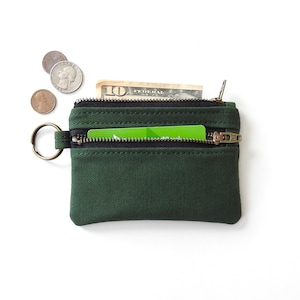 Bolsa de billetera con llavero de lona verde, monedero con doble cremallera