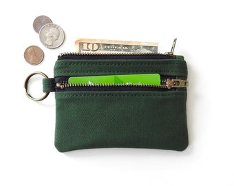 Green Canvas Keychain Wallet Pouch, Double Zipper Coin Purse