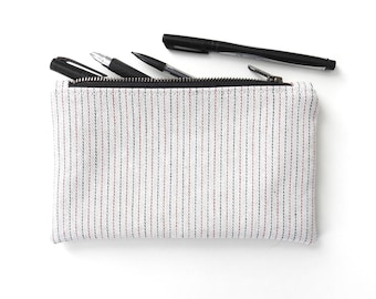 Denim White Stripe Pencil Case, Medium Zipper Pouch, Vintage Fabric