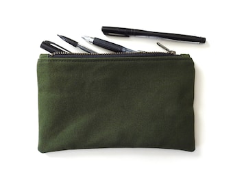 Green Canvas Pencil Case, Medium Zipper Pouch