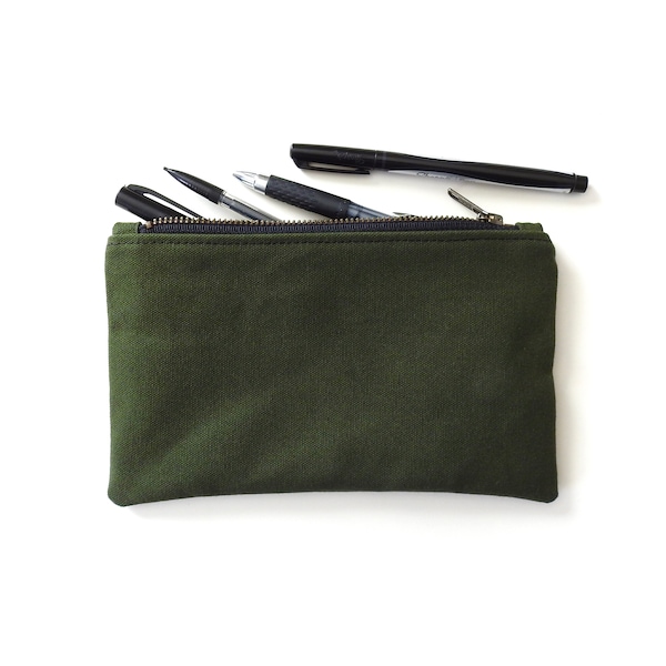 Green Canvas Pencil Case, Medium Zipper Pouch