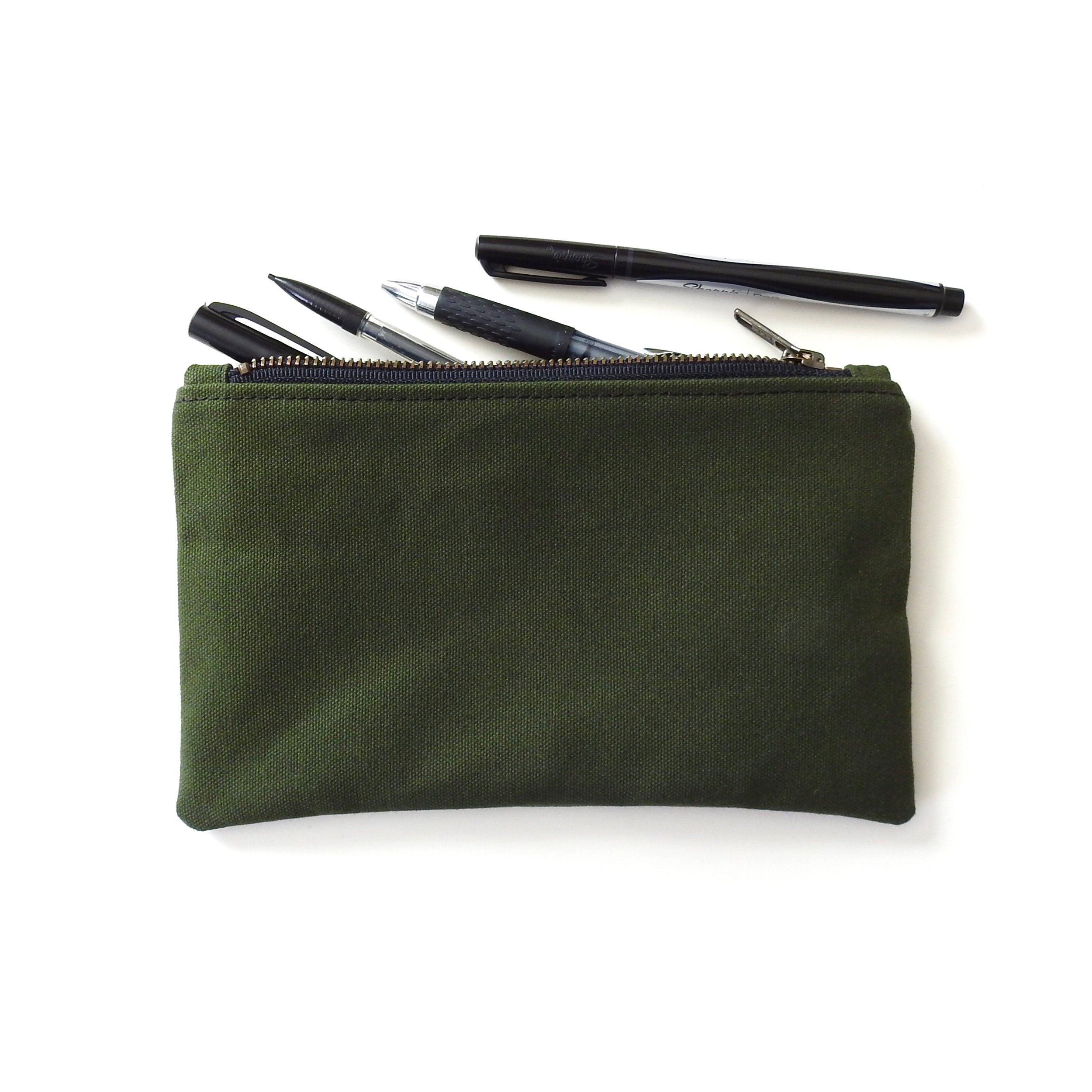 Green Canvas Pencil Case, Medium Zipper Pouch 