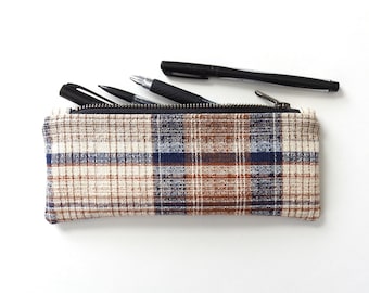 Plaid Pencil Case, Zipper Pouch, Vintage Fabric