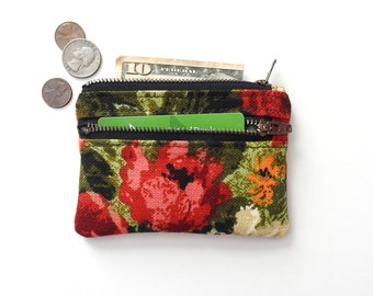 Floral Double Zipper Wallet, Coin Purse, Vintage Fabric
