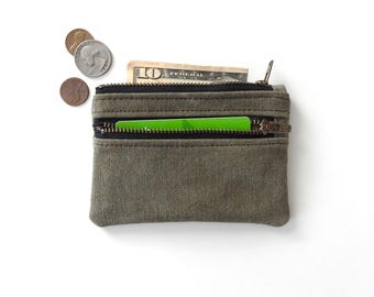Military Canvas Wallet, Double Zipper Coin Purse, Recycled
